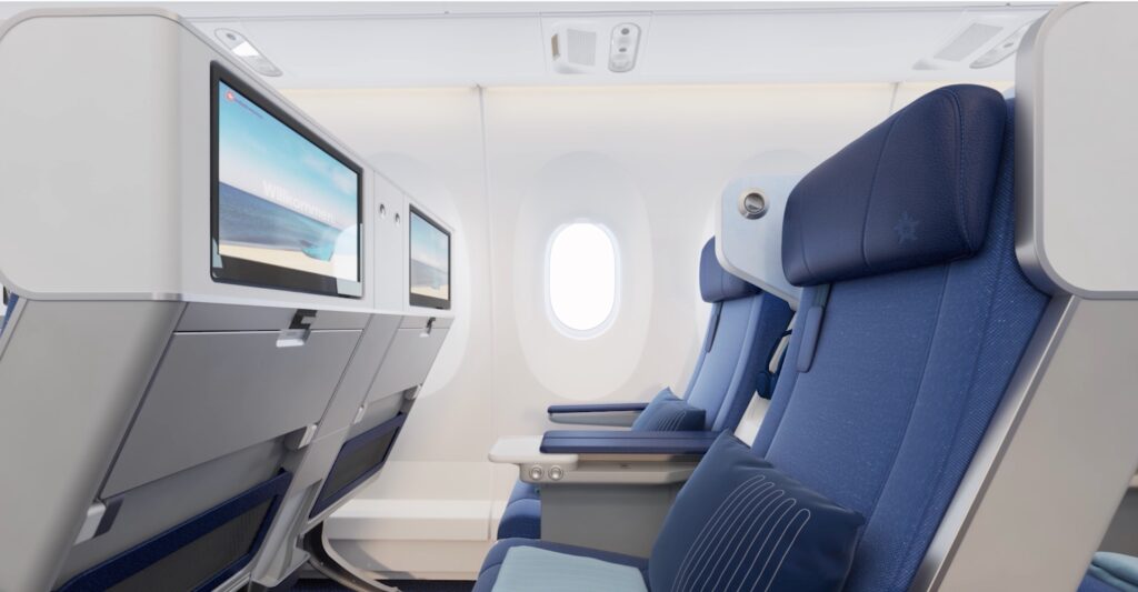 Side view of PE seats on the Edelweiss A350 with a focus on the seatback IFE screens
