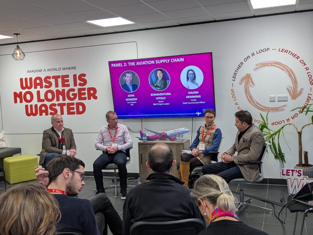 From L-R, the pictured panel members are: Owain Jones (Wizz Air chief corporate officer), John Kennedy (Gen Phoenix CEO), Naomi Heming (Firefly chief commercial officer), and Bonaventura Vitolo (Geven R&D project leader).