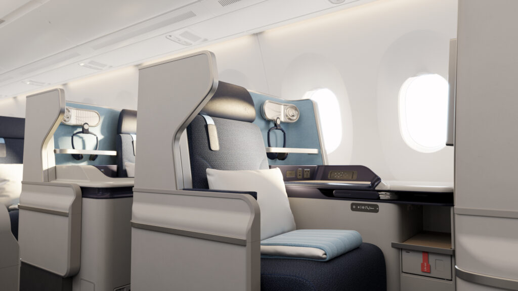 Edelweiss' new business class on the A350 will feature Thompson Aero Seating's VantageXL+ all-aisle-access lie-flat product. This shows a window seat.