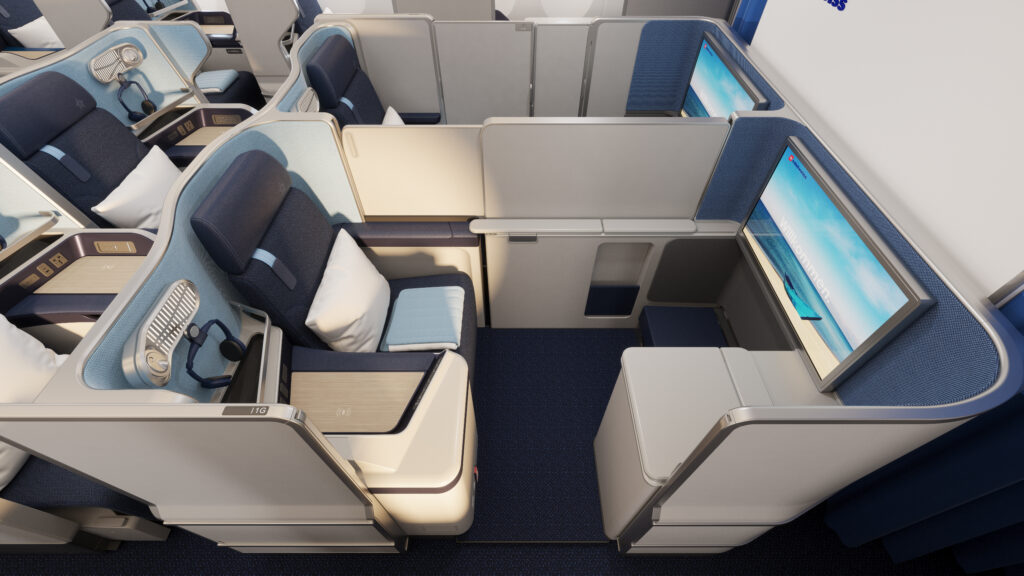 Edelweiss' new business class on the A350 will feature Thompson Aero Seating's VantageXL+ all-aisle-access lie-flat product. This shows an overhead view of the middle pair, front-row, biz-plus seats.