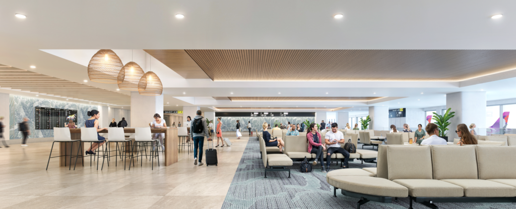 Rendering of a spacious 10,600-square-foot premium lounge at the entrance of the Mauka Concourse in Terminal 1