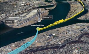 ​​​Oblique aerial illustration of the ADS-B flight track for flight 5342 (blue line) and the composite data–derived flight path for PAT25 (yellow line) converging near DCA.