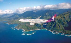 Hawaiian Airlines A330 in flight over the islands.