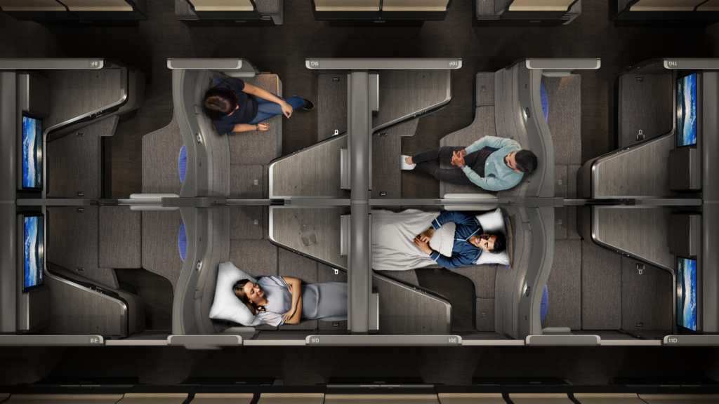 Overhead view of the THE Room FX with passengers facing different directions, both in seated and lie-flat positions.