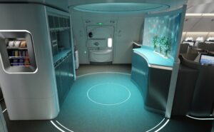 A galley and service area is lit with a subtle light blue. Flowers sit in vases on one side.