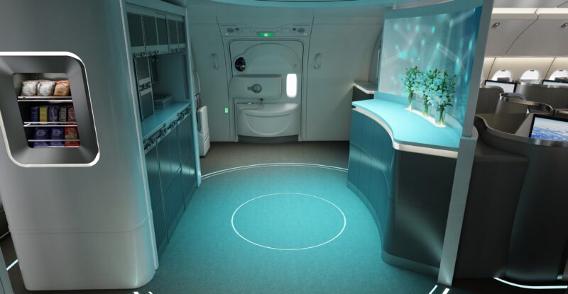 A galley and service area is lit with a subtle light blue. Flowers sit in vases on one side.