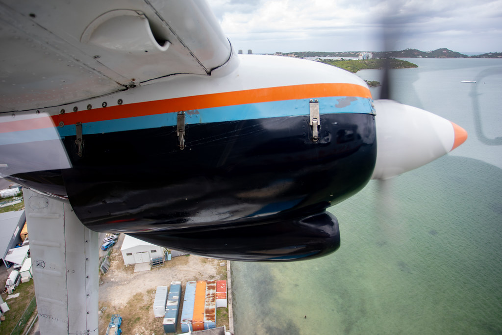 Looking out the aircraft to see the propeller.