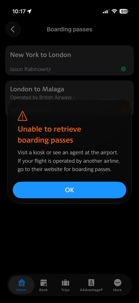 A screen shot showing a warning that the boarding pass was not able to be retrieved digitally. 
