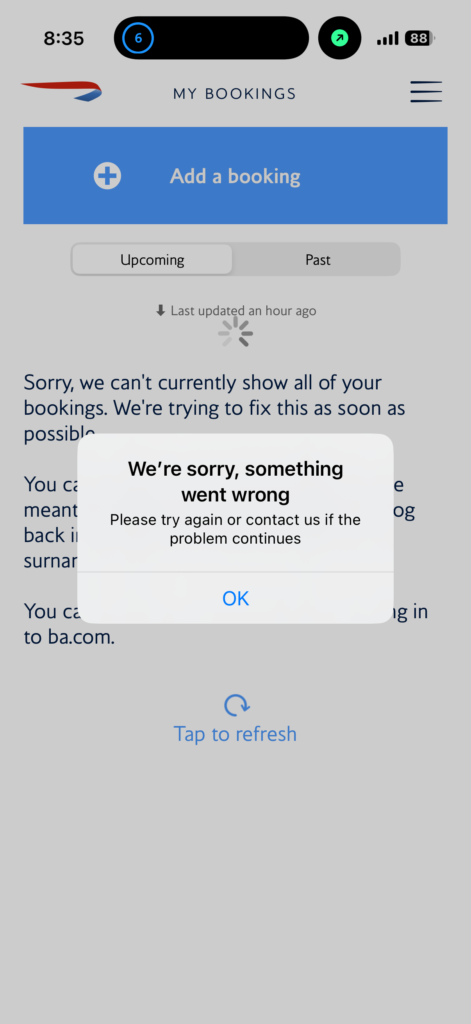 A screen shot indicating that the booking was not able to be displayed due to an unknown error.