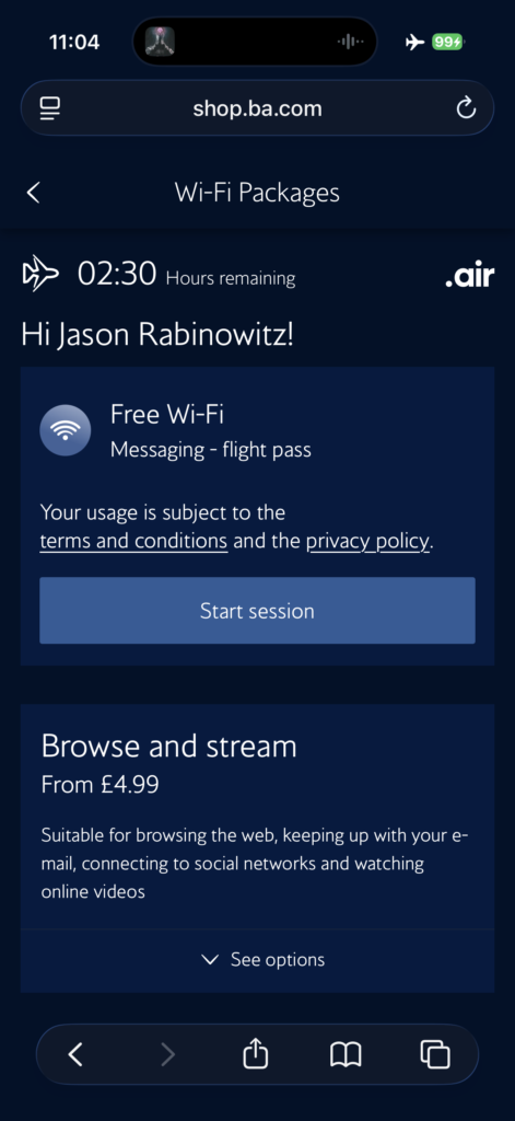 A screen shot showing the pricing for inflight Wi-Fi. 
