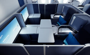 Discover Airlines ocean blue business class suite.