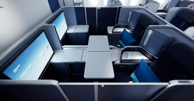 Discover Airlines ocean blue business class suite.