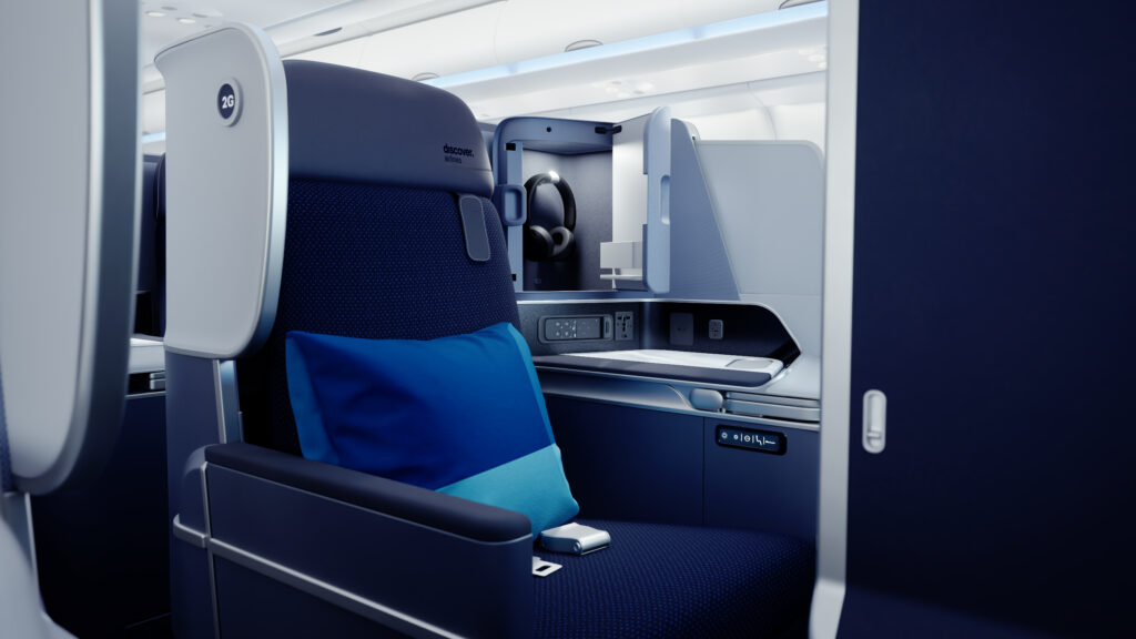 Discover Airlines A330 seat in blues with grey details. 