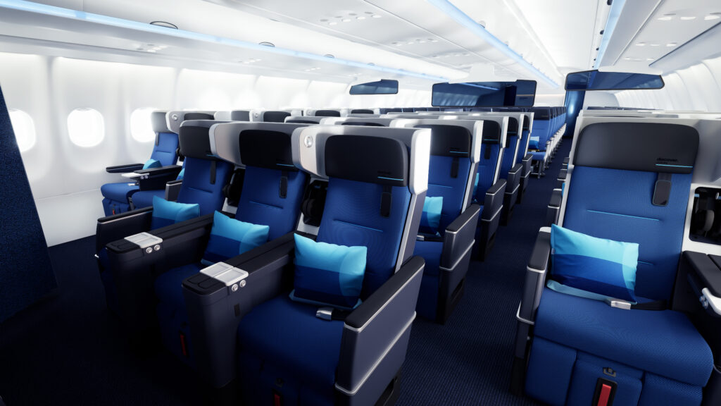 Discover Airlines A330 ZIMprivacy seat in blues with grey details. 