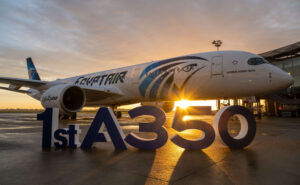 Egyptair A350-900 at sunset.