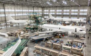 Inside a busy FL Technics hangar.