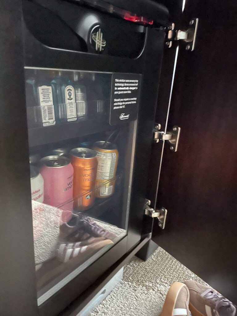 A mini bar in the hotel room is pictured here.