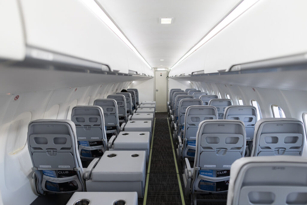 Inside the JSX ATR cabin passengers see a 1-2 'HighLine' 1-2 cabin configuration.