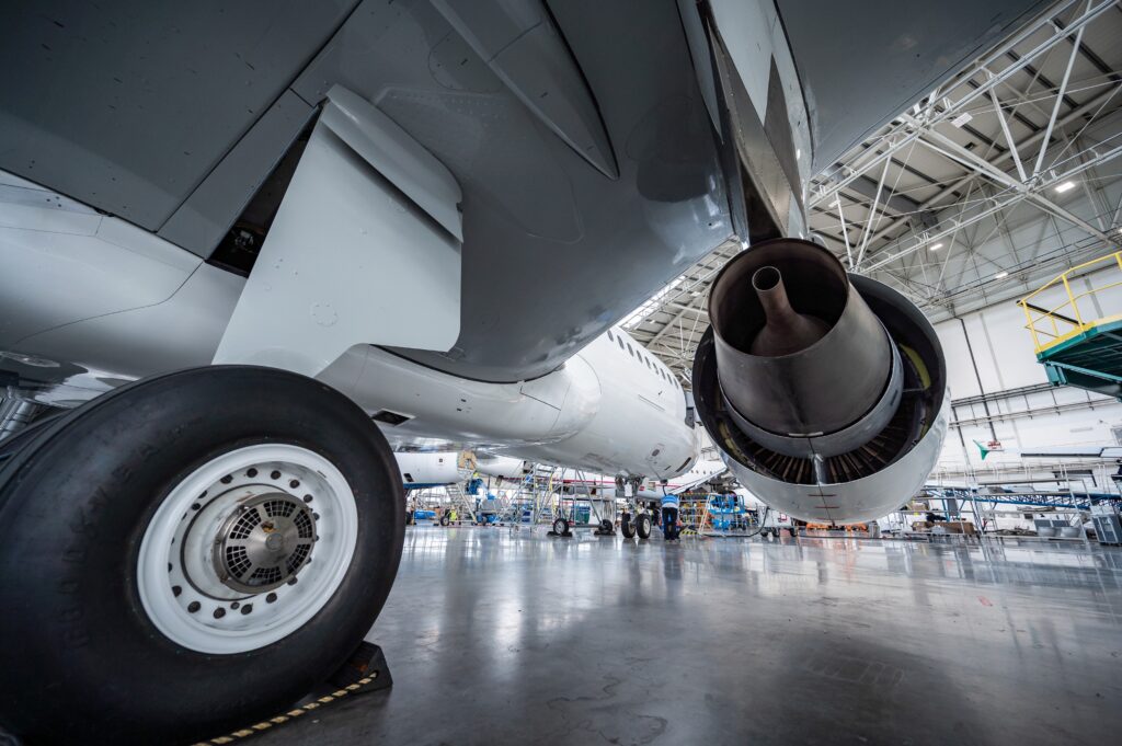 A close up under an aircraft in the Job Air Technic hangar