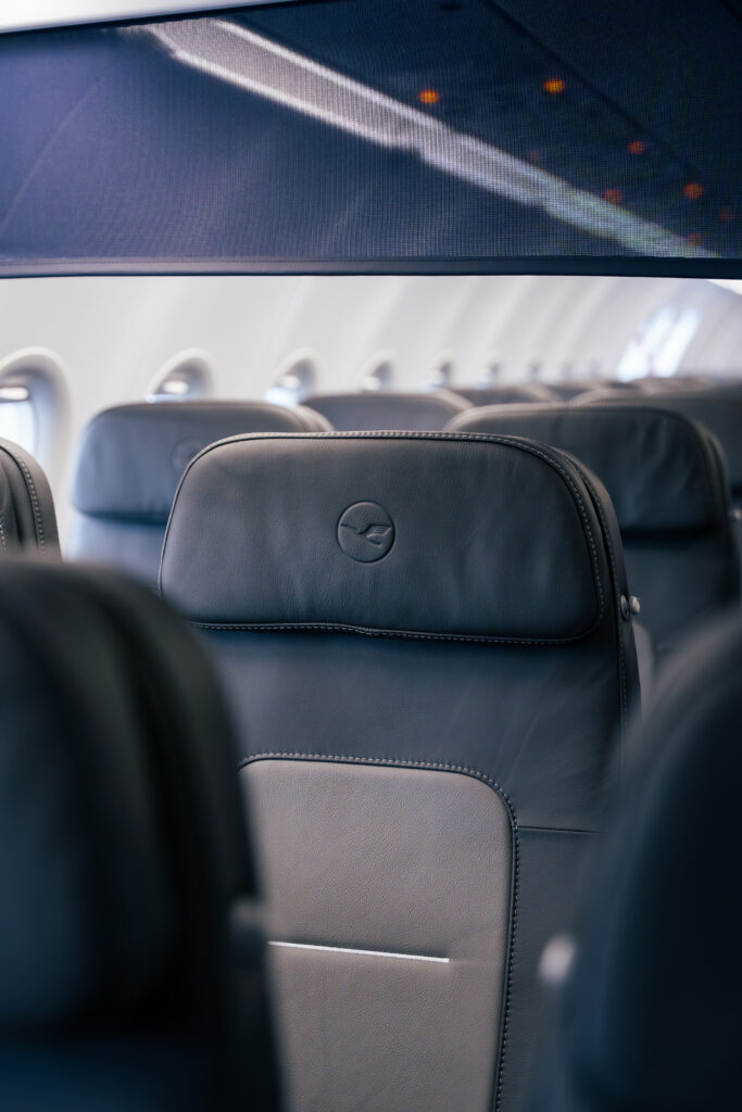 A close up of the aircraft seat for Lufthansa.