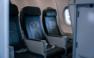 Two new Geven seats sit empty on the Lufthansa A320.