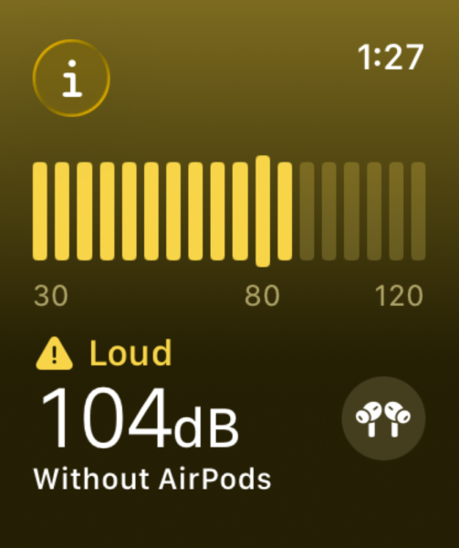 A volume test indicates the level of loudness during announcements. 104dB