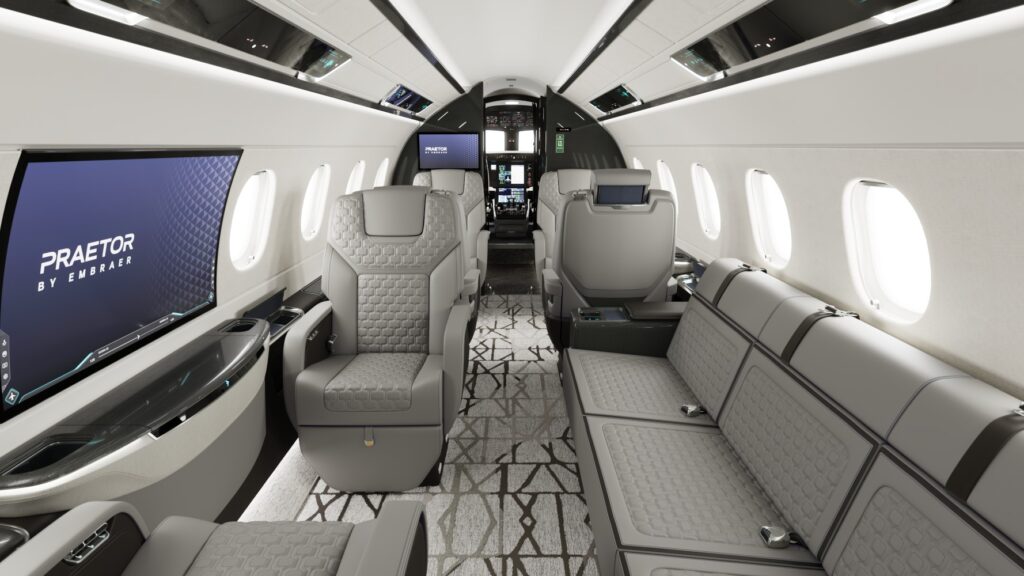 Embraer Praetor 600E lush cabin interior.