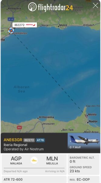 Flightradar24 flight tracking page showing Malaga to Melilla