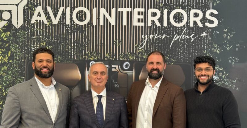 Salient Motion partners with Aviointeriors to provide Seat Actuation Control Systems for the Allegra and Allegra HD business class seating programs. From left to right: Troy Thompson, Head of Commercialization at Salient Motion, Adolfo Fratini, CEO of Aviointeriors, Christian Battisti, Director, Sales & Marketing at Aviointeriors, and Vishaal Mali, CEO and founder of Salient Motion.