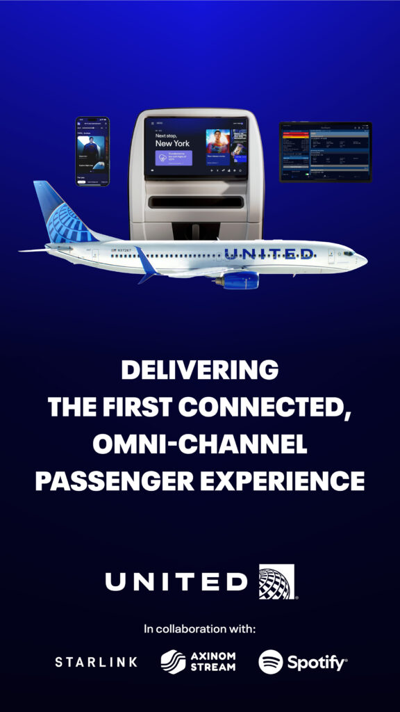 United Airlines aircraft in front of an IFE screen. 