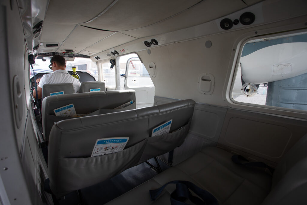 The small cabin interior of the Vieques Air Link Britten-Norman Islander.