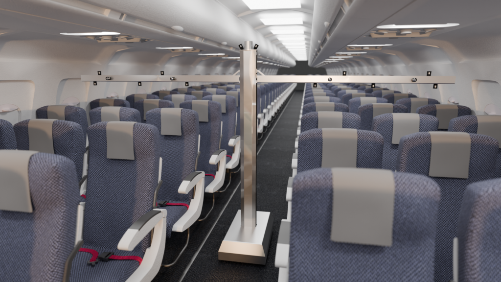 A robotics- and AI-based system is seen in an aircraft cabin, automating cabin inspections.