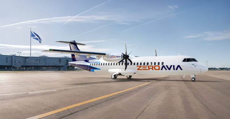 Rendering of ZeroAvia ATR72 at a hanger in Scotland.