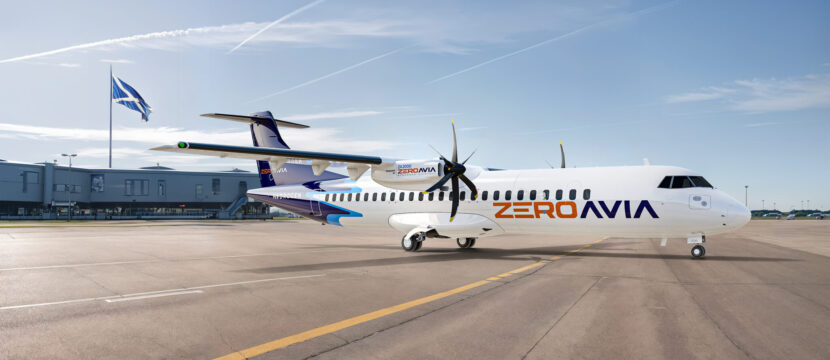Rendering of ZeroAvia ATR72 at a hanger in Scotland.