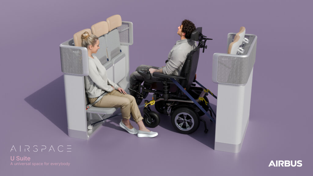 A wheelchair user avails of the wheelchair tie-down on board, whilst a companion seats opposite of him in this a rendering of the Airspace U Suite.