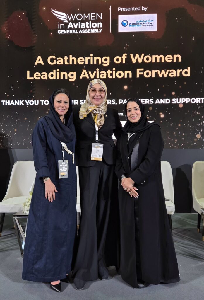 flyadeal's female high fliers: Hazar Hafiz, Head of Marketing and Customer Experience (left), and Rawan Aljehani, Head of Digital, Data & Business Intelligence (right) pictured with Mervat Sultan, founder and President of the Women in Aviation Middle East chapter, at the organisation's annual assembly in Riyadh.