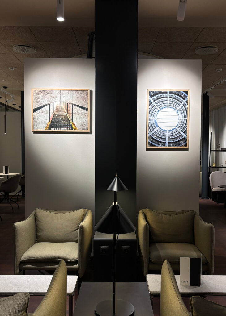 Art is highlighted on the neutral walls of the lounge. 