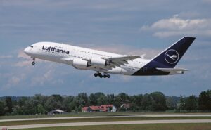 Lufthansa A380 taking off.