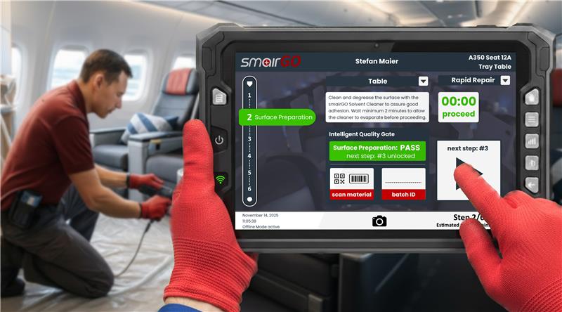 A flight crew member is using smairGO on a tablet in flight. 