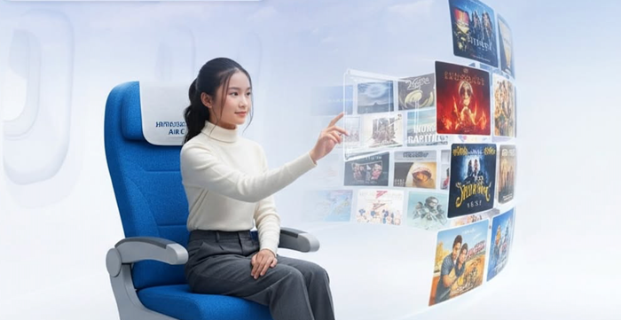 Woman is seated in an aircraft seat, selecting entertainment titles (which are projected in front of her as part of a rendering to connote AirFi wireless IFE.)