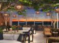 A rendering of the American Airlines Admirals Club lounge at Austin-Bergstrom International Airport (AUS), with what appears to be trees inside and interesting decorative lighting