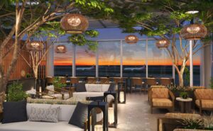 A rendering of the American Airlines Admirals Club lounge at Austin-Bergstrom International Airport (AUS), with what appears to be trees inside and interesting decorative lighting