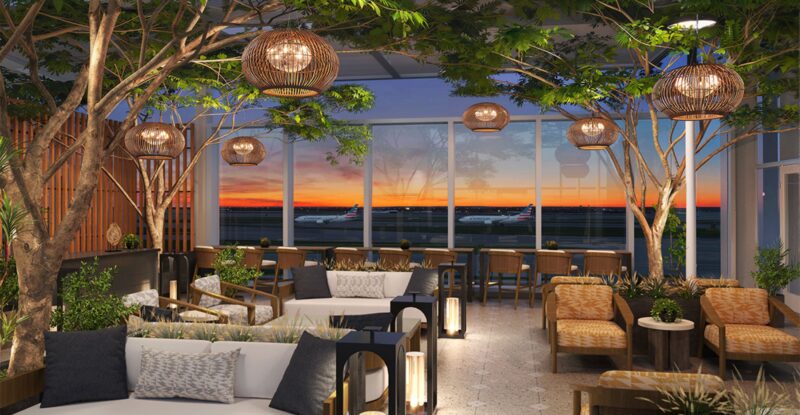 A rendering of the American Airlines Admirals Club lounge at Austin-Bergstrom International Airport (AUS), with what appears to be trees inside and interesting decorative lighting