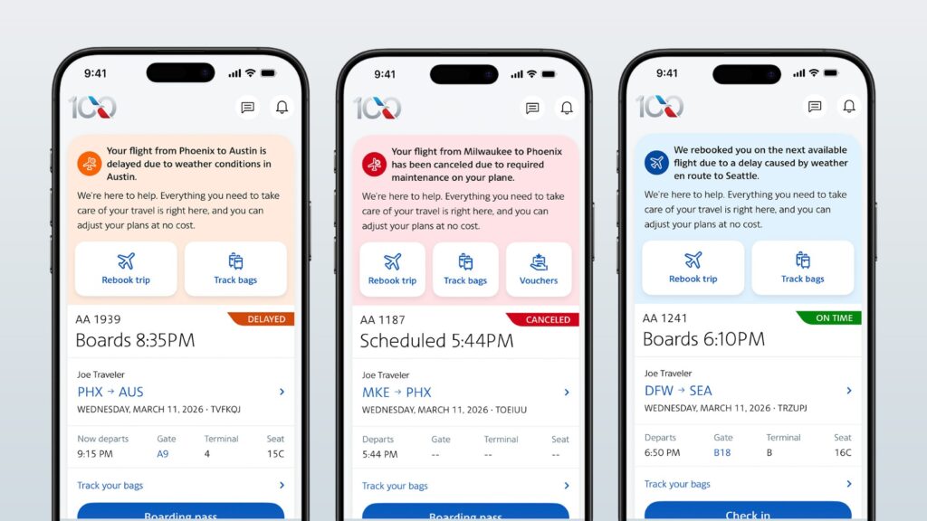 American Airlines' actionable disruption platform displayed on three mobile devices.