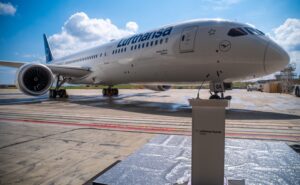 Lufthansa Boeing 787 is parked outside the Lufthansa Technik Malta hangar