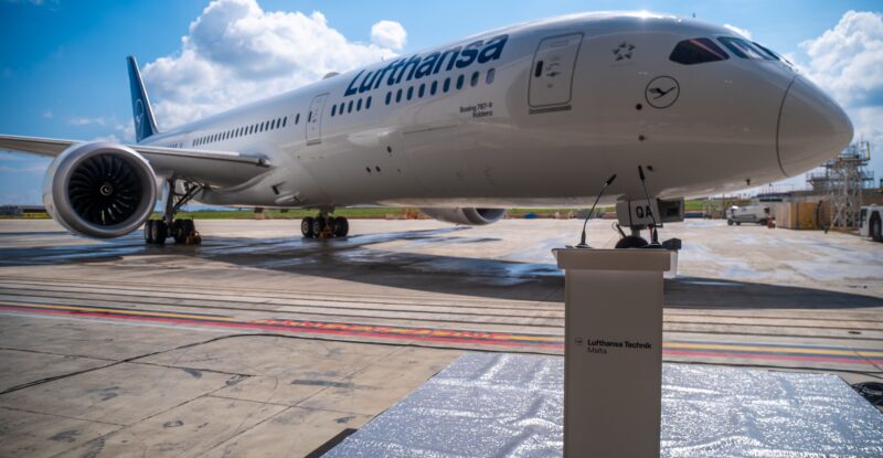 Lufthansa Boeing 787 is parked outside the Lufthansa Technik Malta hangar