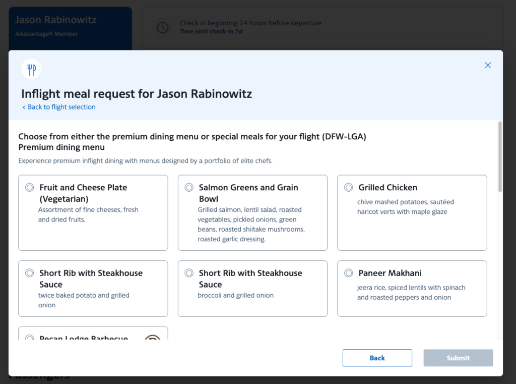 American's pre-order menu for the flight as shown on a desktop computer.