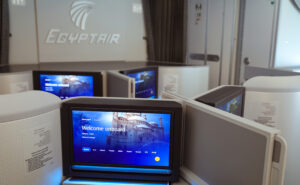 Astrova IFE system in a business class seat on an Egyptair aircraft.