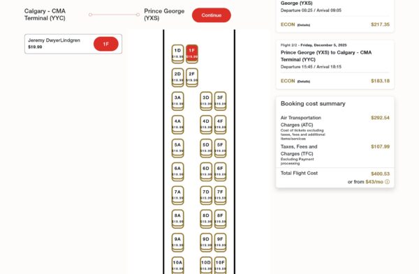 A screen shot of the booking process for Central Mountain Air showing the seat map for seat selection. 