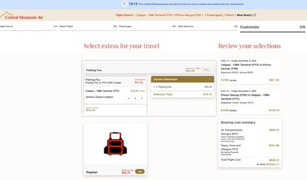 A screen shot of the final total during booking for a Central Mountain Air flight.